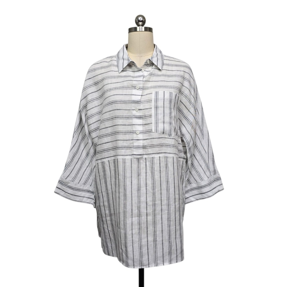 Lafayette 148 New York Womens Gray White Striped 100% Linen Tunic Shirt Size Med